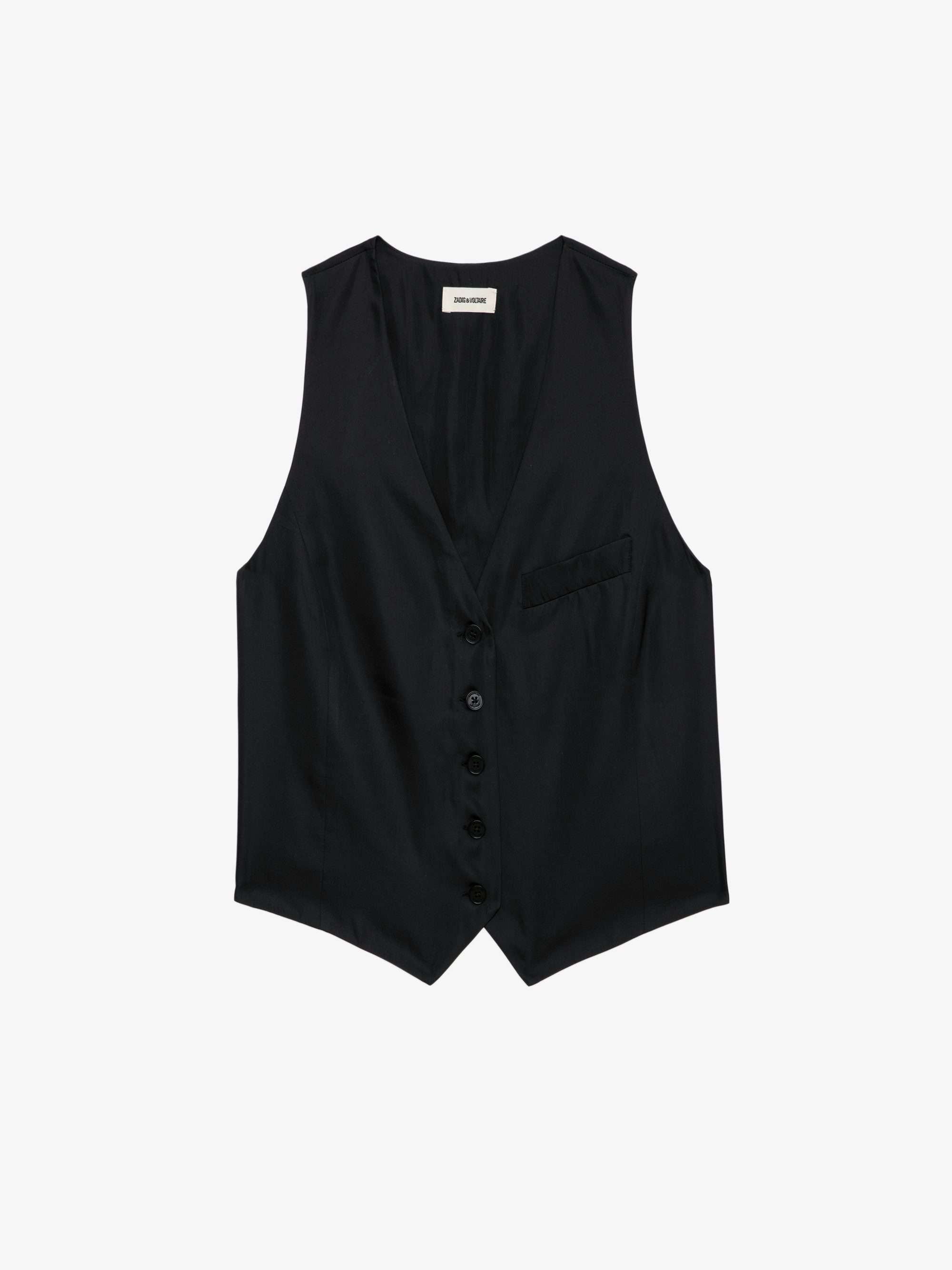 Emaux Waistcoat Satin - Sleeveless V-neck button-up waistcoat-style black satin top.